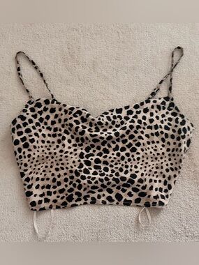 Forever 21 Beige & Black Cheetah Print Satin Cropped Cami with Zipper Closure S